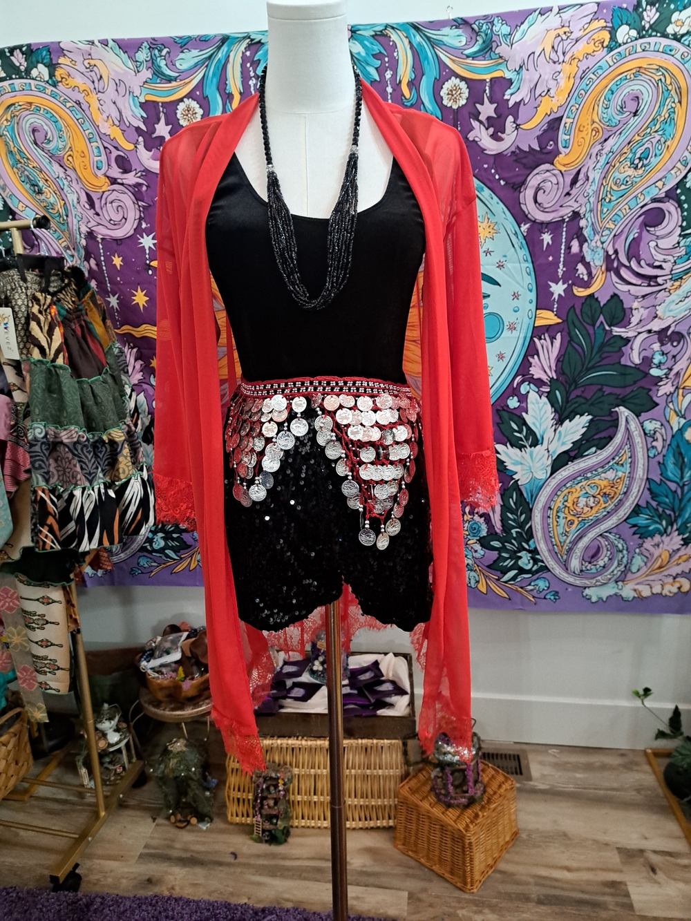 Red Eclipse Dancer Festival Outfit | Sequin Set, Egyptian Coin Hip Belt & Sheer